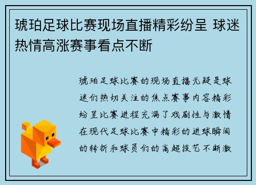琥珀足球比赛现场直播精彩纷呈 球迷热情高涨赛事看点不断